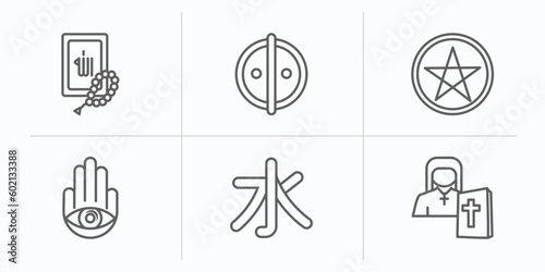 religion outline icons set. thin line icons such as quran, animism, pagan, hamsa, confucianism, orthodox vector.