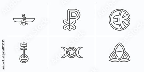 religion outline icons set. thin line icons such as faravahar, chi rho, eckankar, united church of christ, wicca, holy trinity vector.