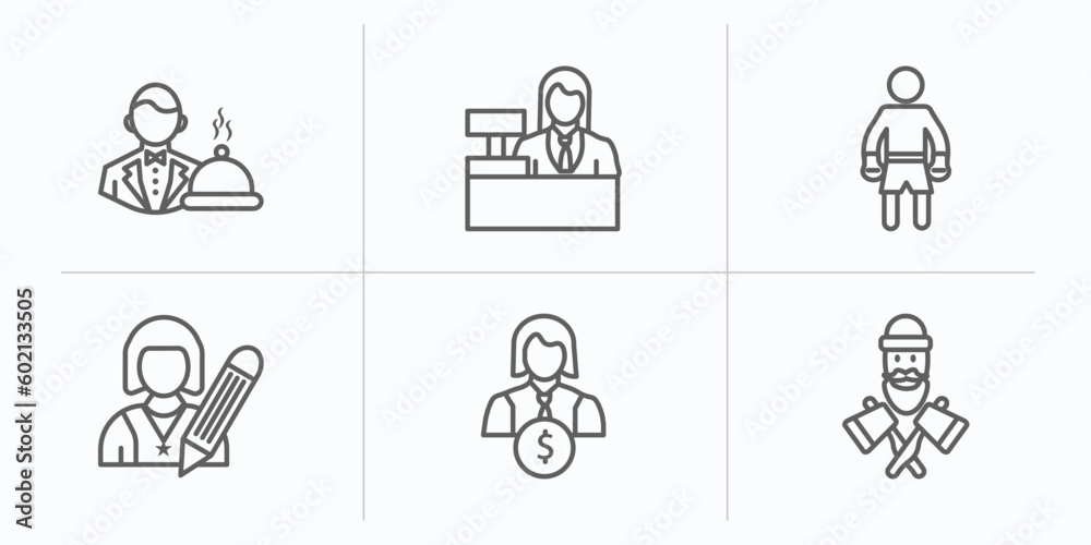 Fototapeta premium professions outline icons set. thin line icons such as waiter, clerk, boxer, writer, financial manager, lumberjack vector.