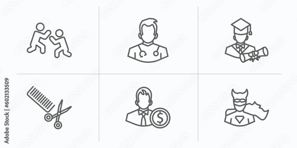 professions outline icons set. thin line icons such as wrestling, doctor, graduated, hairdresser, accountant, superhero vector. professions outline icons set. thin line icons such as wrestling, doctor, graduated, hairdresser, accountant, superhero vector.