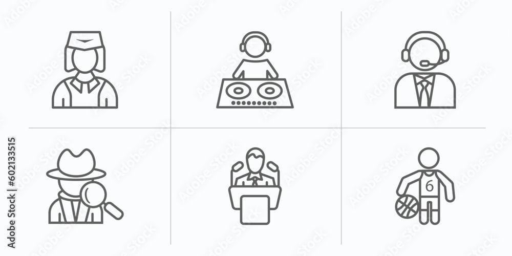 professions outline icons set. thin line icons such as stewardess, dj, callcenter, detective, politician, basketball player vector. professions outline icons set. thin line icons such as stewardess, dj, callcenter, detective, politician, basketball player vector.