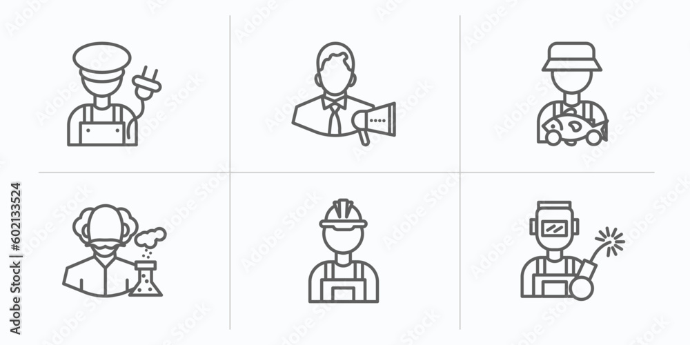 professions outline icons set. thin line icons such as electrician, marketing manager, fisherman, scientist, builder, welder vector. professions outline icons set. thin line icons such as electrician, marketing manager, fisherman, scientist, builder, welder vector.