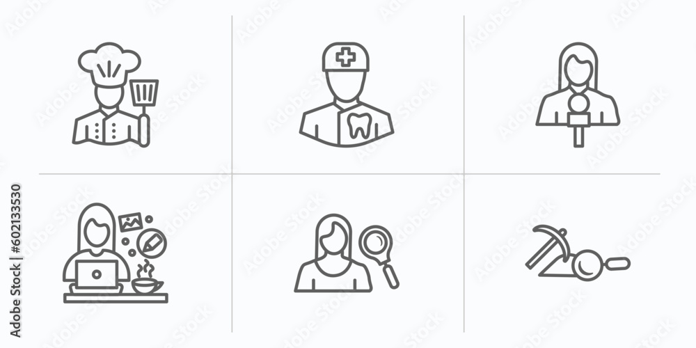 professions outline icons set. thin line icons such as cooker, orthodontist, journalist, graphic de, hr specialist, archeologist vector. professions outline icons set. thin line icons such as cooker, orthodontist, journalist, graphic de, hr specialist, archeologist vector.