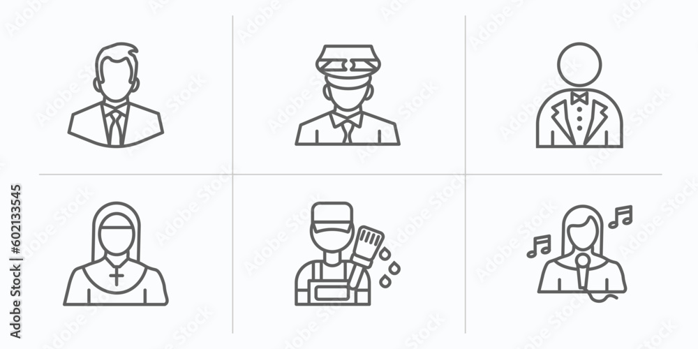 professions outline icons set. thin line icons such as businessman, taxi driver, butler, nun, painter, singer vector.