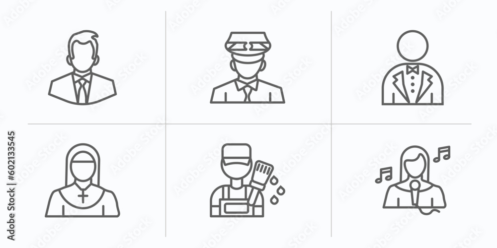 professions outline icons set. thin line icons such as businessman, taxi driver, butler, nun, painter, singer vector. professions outline icons set. thin line icons such as businessman, taxi driver, butler, nun, painter, singer vector.