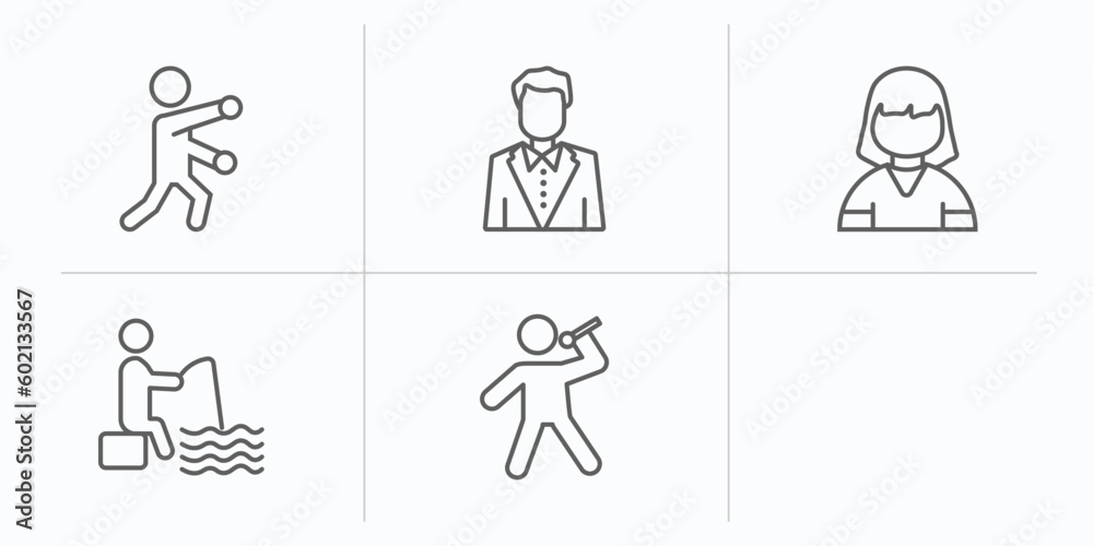 people outline icons set. thin line icons such as man boxing, elegant man, girl kid avatar, sitting man fishing, couple kissing, singing vector. people outline icons set. thin line icons such as man boxing, elegant man, girl kid avatar, sitting man fishing, couple kissing, singing vector.