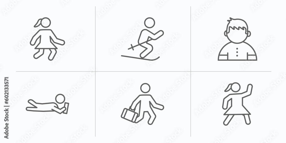 people outline icons set. thin line icons such as girl walking, man skiing, boy kid avatar, lying person reading, worker running, dancing girl vector.