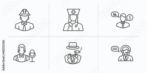 professions outline icons set. thin line icons such as engineer, physician assistant, financial advisor, showman, mafia, telemarketer vector.