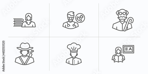 professions outline icons set. thin line icons such as librarian, podiatrist, pensioner, hunter, chef, teacher vector.