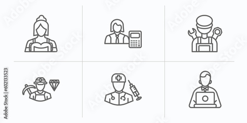 professions outline icons set. thin line icons such as maid, mathematician, mechanic, miner, surgeon, programmer vector.