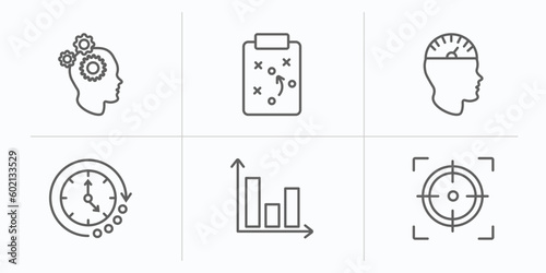 productivity outline icons set. thin line icons such as mind gears, tactics, mind tachometer, time passing, bar graph, gun target vector.