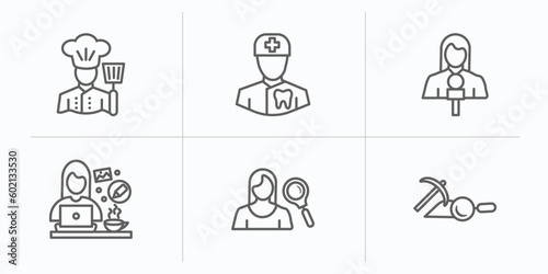 professions outline icons set. thin line icons such as cooker, orthodontist, journalist, graphic de, hr specialist, archeologist vector.