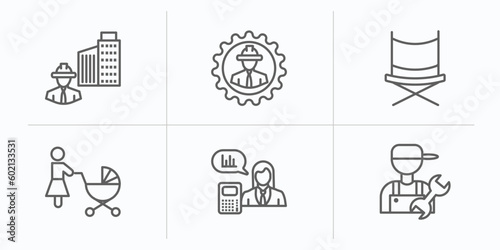 professions outline icons set. thin line icons such as civil engineer, mechanical engineer, director, baby sitter, actuary, plumber vector.