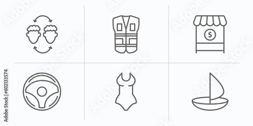 people skills outline icons set. thin line icons such as empathy, safety vesty, seller, chauffer, lady swimwear, round sailboat vector.