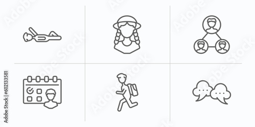 people outline icons set. thin line icons such as iying down, festa junina, networking connection, meeting date, backpacker running, speak bubble vector. photo