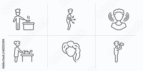 people outline icons set. thin line icons such as chef cooking, stoh ache, person listening, baby changing, woman hair, monocular vector.
