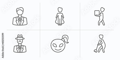 people outline icons set. thin line icons such as business suit, playing with a rope, men carrying a box, sir, alien smile, sweeping person vector.