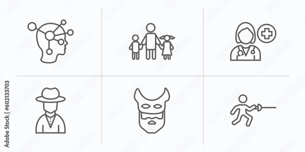 people outline icons set. thin line icons such as psychology, father and children, female doctor, spanish man, devil mask, fencing attack vector.