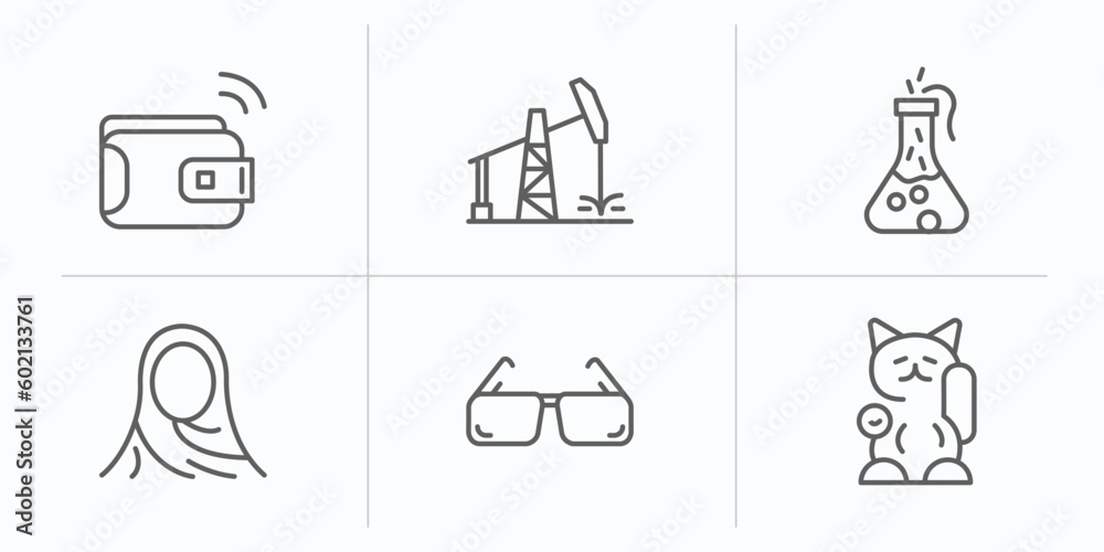other outline icons set. thin line icons such as smart wallet, oil tower, labaratory, muslim woman with hijab, vintage eyeglasses, lucky cat toy vector. other outline icons set. thin line icons such as smart wallet, oil tower, labaratory, muslim woman with hijab, vintage eyeglasses, lucky cat toy vector.