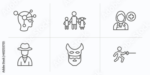 people outline icons set. thin line icons such as psychology, father and children, female doctor, spanish man, devil mask, fencing attack vector.