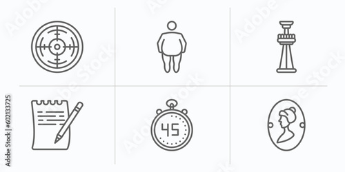 other outline icons set. thin line icons such as shooting gallery, overweight, tower freefall, paper list and a pencil, digital number 45, women's bathroom vector.