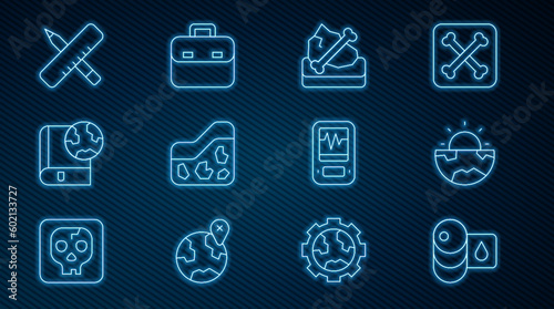 Set line Barrel oil, Earth core structure crust, Archeology, Ground, globe and book, Crossed ruler pencil, Seismograph and Briefcase icon. Vector