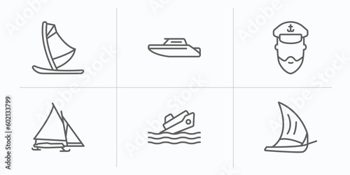 nautical outline icons set. thin line icons such as windsurf board, motorboat, ship admiral, iceboat, capsizing, felucca vector.