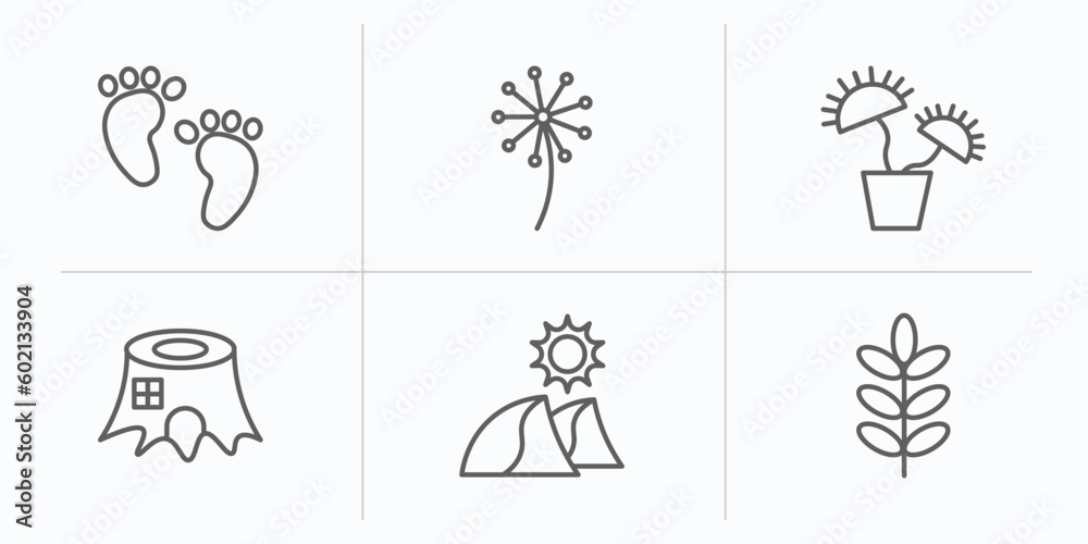 nature outline icons set. thin line icons such as four toe footprint, pollen, carnivorous plant, stump house, dune, acacia vector. nature outline icons set. thin line icons such as four toe footprint, pollen, carnivorous plant, stump house, dune, acacia vector.