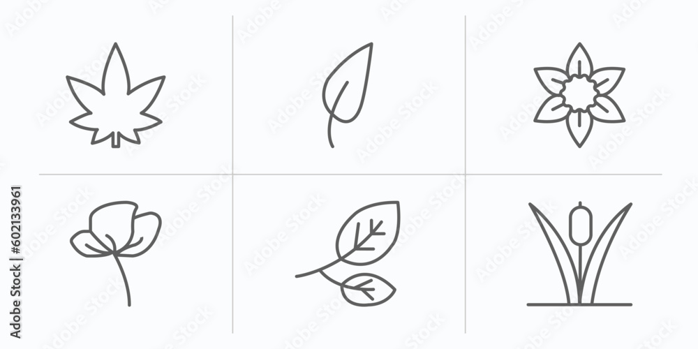 nature outline icons set. thin line icons such as hemp, acicular, daffodil, peony, branch, reed vector.