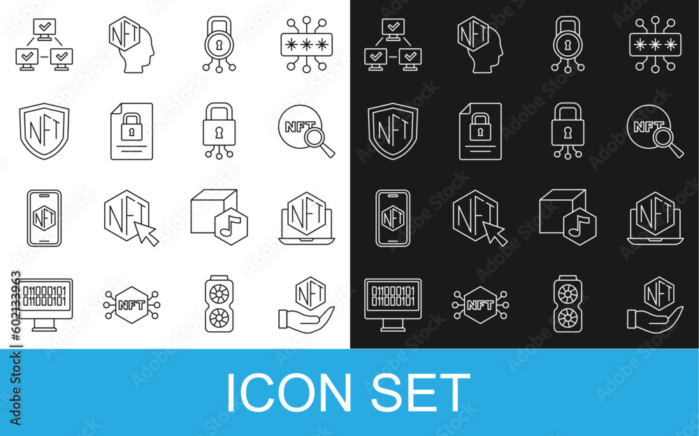 Set line NFT Digital crypto art, Laptop with store app, Search, Cyber security, Document and lock, shield, blockchain technology and icon. Vector