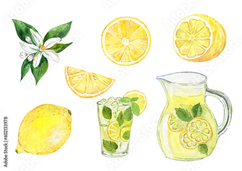 Watercolor lemons and lemonade set isolated on white