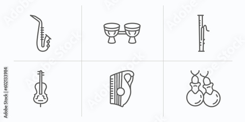 music outline icons set. thin line icons such as blues, bongo, bassoon, double bass, zither, castanets vector.