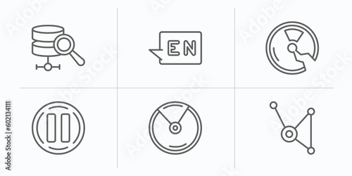 multimedia outline icons set. thin line icons such as database analysis, english, broken disc, big pause button, compact disc with glare, substance vector.