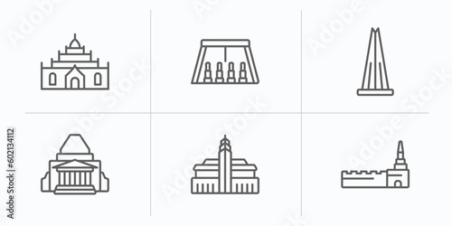 monuments outline icons set. thin line icons such as thatbyinnyu temple, abu simbel, the, shrine of remembrance, hassan mosque, moscow vector.