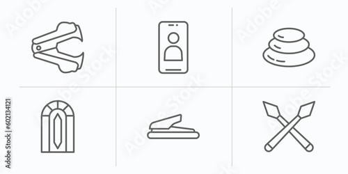 miscellaneous outline icons set. thin line icons such as stapler remover, front camera, pebble, stained glass window, puncher, spears vector.