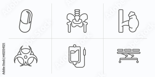 medical outline icons set. thin line icons such as medical pill, p, adrenal gland, biological warning, perfusion, table of treatments vector.