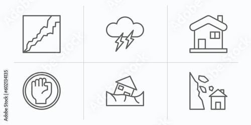 meteorology outline icons set. thin line icons such as cracked ground, thunder cloud, snowy house, revolution, landslide and house, avalanche and house vector.