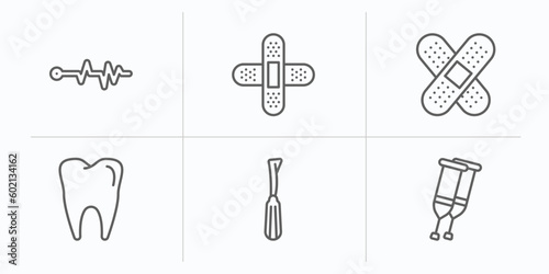 medical outline icons set. thin line icons such as pulse line, plastering, sticking plaster, molar tooth, dentist tool, crutches couple vector.