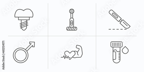 medical outline icons set. thin line icons such as implants, electric toothbrush, scalpel, male, fit, blood sample vector.