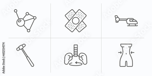 medical outline icons set. thin line icons such as molecular configuration, bandage cross, heliport, medical hammer tool, breath control, nutrionist vector.