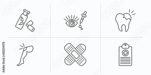 medical outline icons set. thin line icons such as gum, eye drops, caries, knee, plaster, medical history vector.