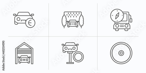 mechanicons outline icons set. thin line icons such as car sale in euros, car wash hine, bus with a compass, car inside a garage, changing tire, cart wheel vector.