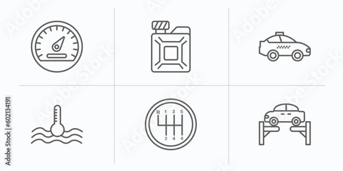 mechanicons outline icons set. thin line icons such as car speedometer, change car oil, taxi side, car temperature, driving gear controls, on an elevator vector.