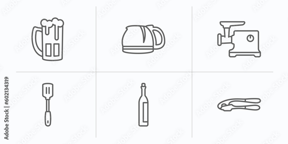 kitchen outline icons set. thin line icons such as beer, coffee pot, meat grinder, spatula, wine bottle, garlic press vector. kitchen outline icons set. thin line icons such as beer, coffee pot, meat grinder, spatula, wine bottle, garlic press vector.