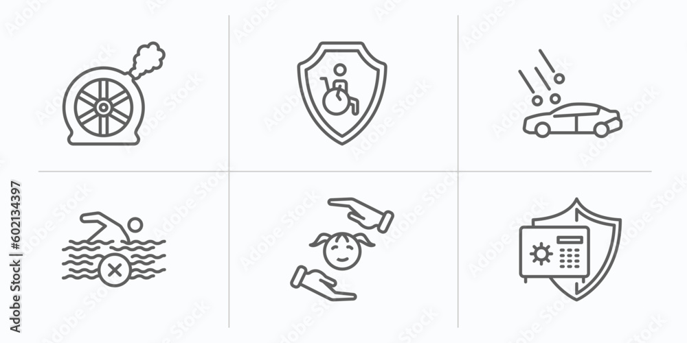 insurance outline icons set. thin line icons such as puncture in a wheel, disabled, hail on the car, risk pool, child, bank safe vector.