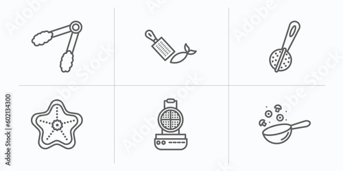 kitchen outline icons set. thin line icons such as tongs, zester, tea infuser, trivet, waffle iron, wok vector.