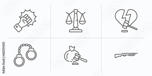 law and justice outline icons set. thin line icons such as violence, business law, divorce, criminal, inheritance law, shotgun vector.
