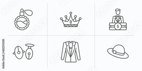 luxury outline icons set. thin line icons such as fragance, king, rich man, cufflinks, vest suit, bowler hat vector.