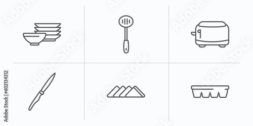 kitchen outline icons set. thin line icons such as dishes, skimmer, toaster, steak knife, napkin, ice cube tray vector.