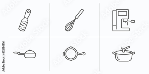 kitchen outline icons set. thin line icons such as grater, beater, coffee hine, stew pot, skillet, pot vector.